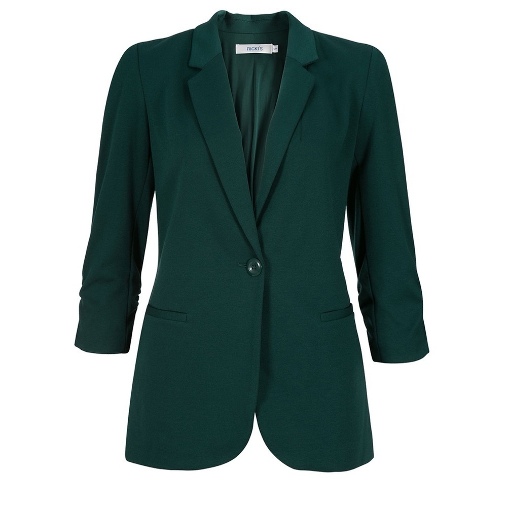 Ricki’s  Blazer Ponte Knit 3/4 Ruched Sleeves Single Breasted Forest Green XS - Picture 3 of 12